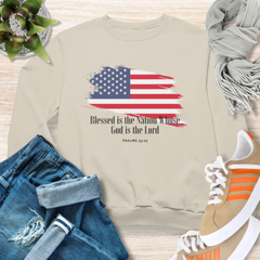 Blessed Is the Nation Whose God is God Sweatshirt Flag Sweatshirt Christian Flag Sweatshirt for Women