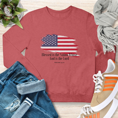 Blessed Is the Nation Whose God is God Sweatshirt Flag Sweatshirt Christian Flag Sweatshirt for Women