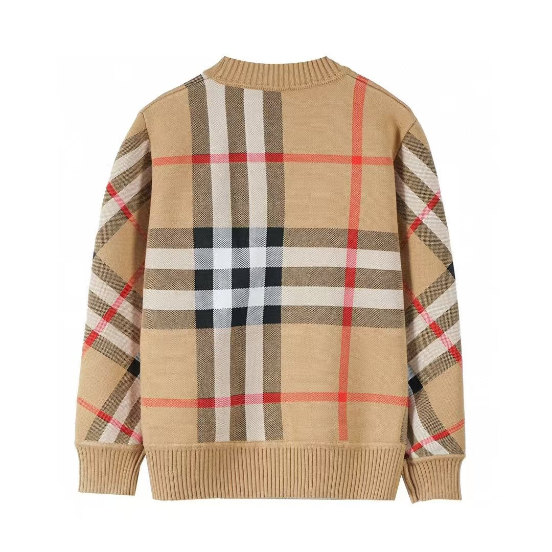 Classic plaid wool jacquard round neck sweater