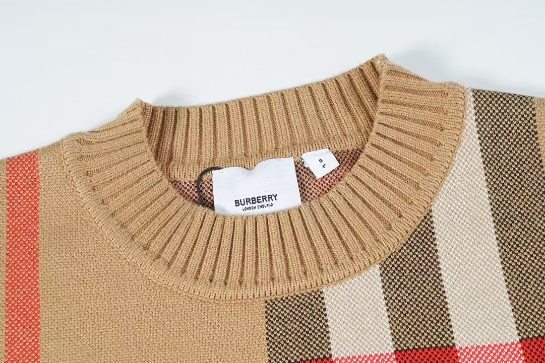 Classic plaid wool jacquard round neck sweater
