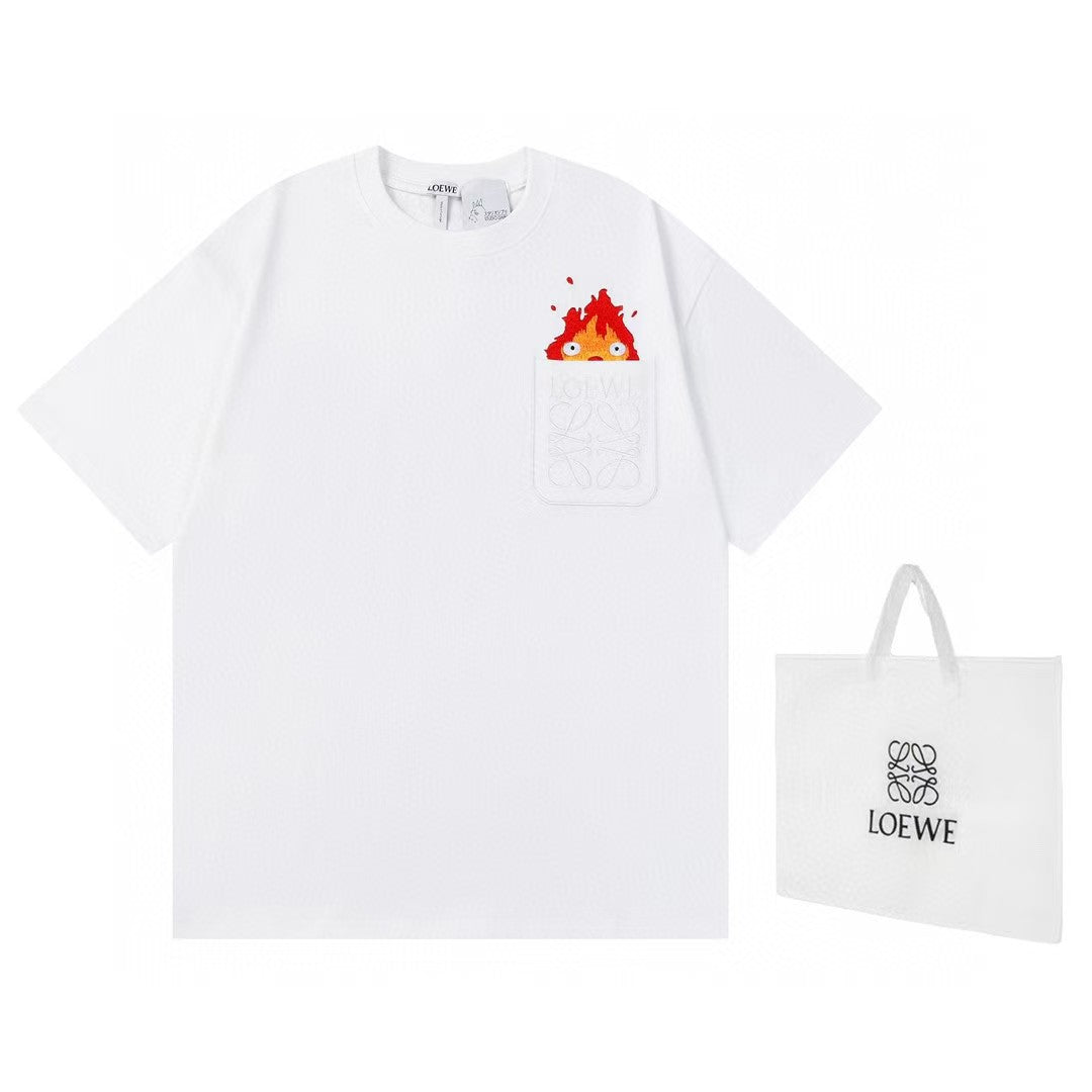 Flame Embroidered Pure Cotton Couple Short sleeved T-shirt