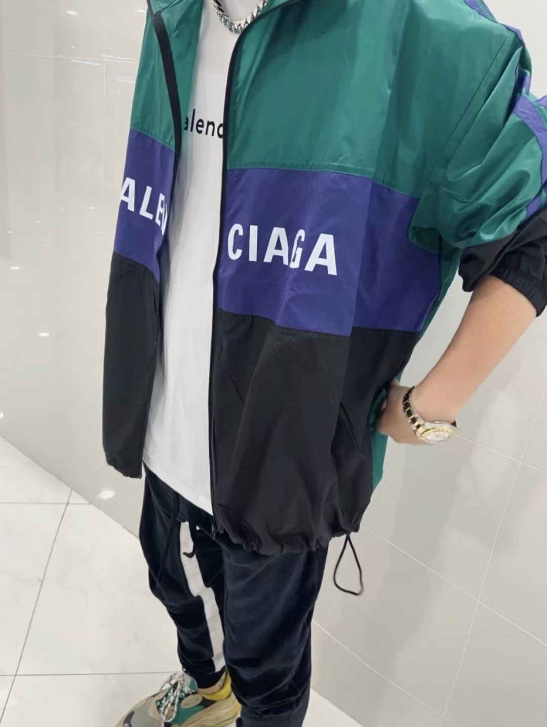 Green and Blue Splicing Slogan Stormtrooper Coat