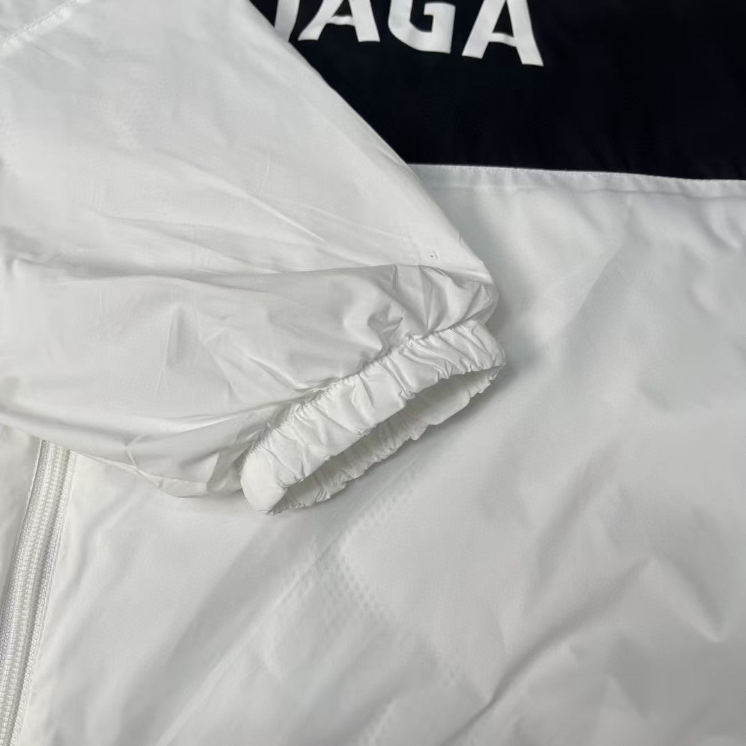 New white spliced slogan, assault suit jacket