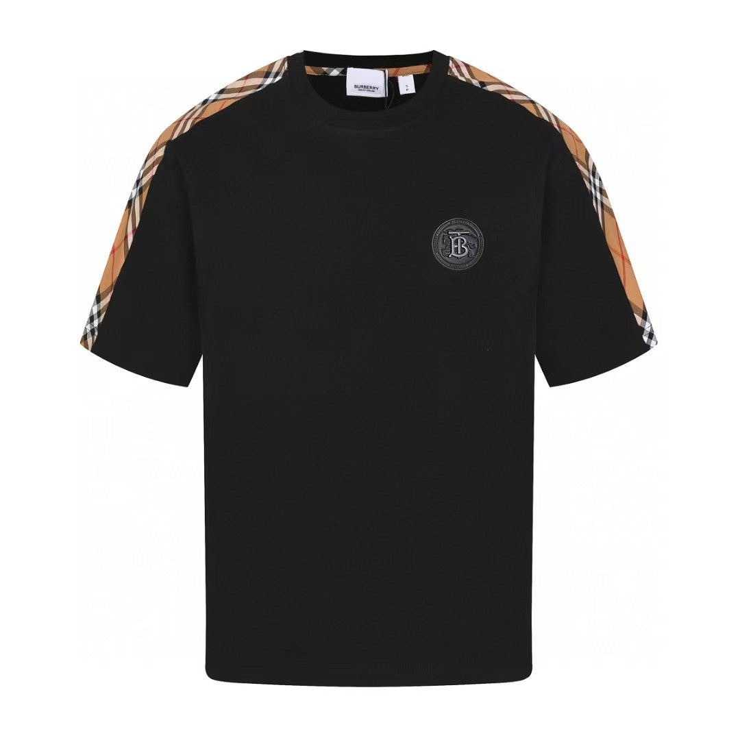 Embroidered with classic plaid patchwork short sleeved T-shirt