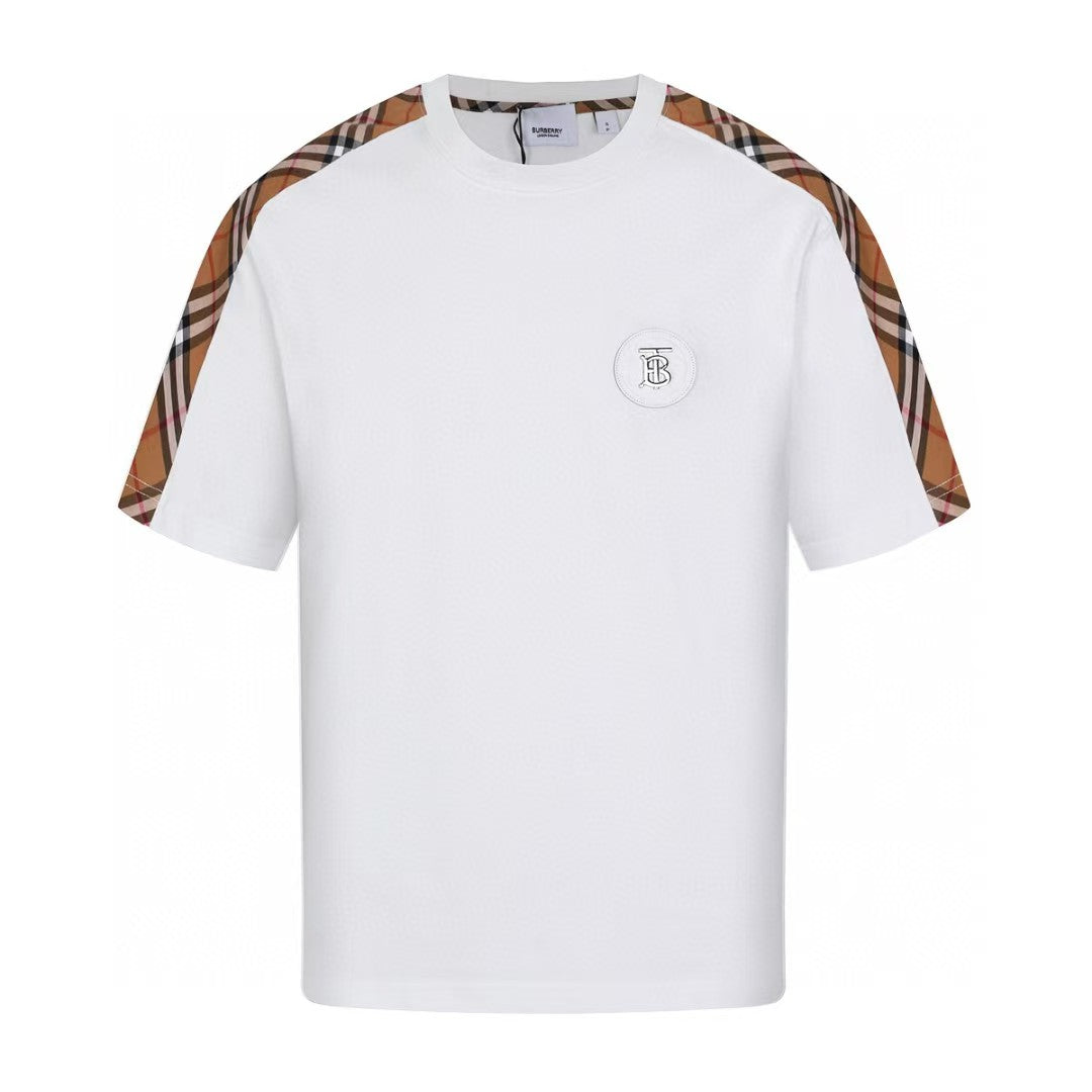 Embroidered with classic plaid patchwork short sleeved T-shirt