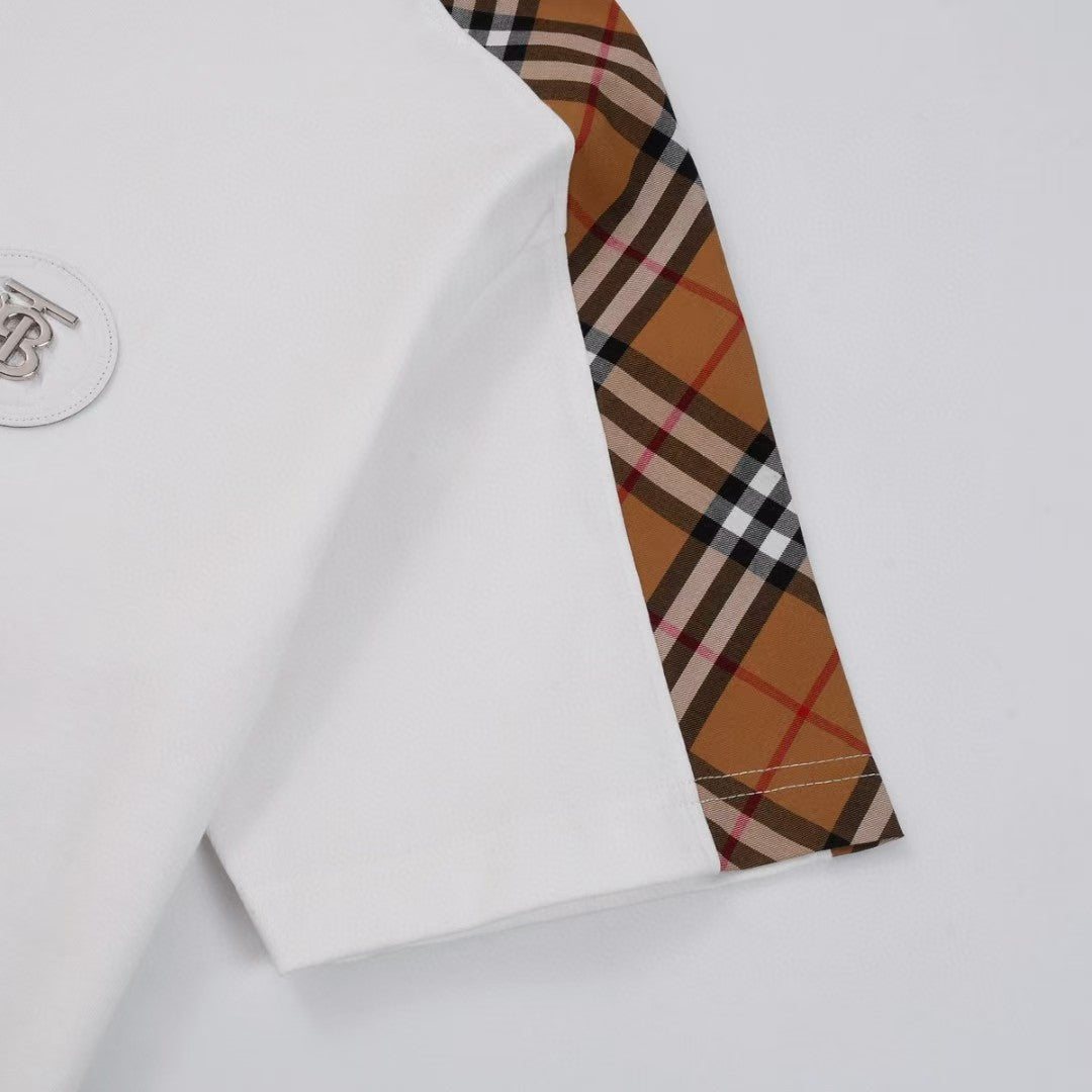 Embroidered with classic plaid patchwork short sleeved T-shirt