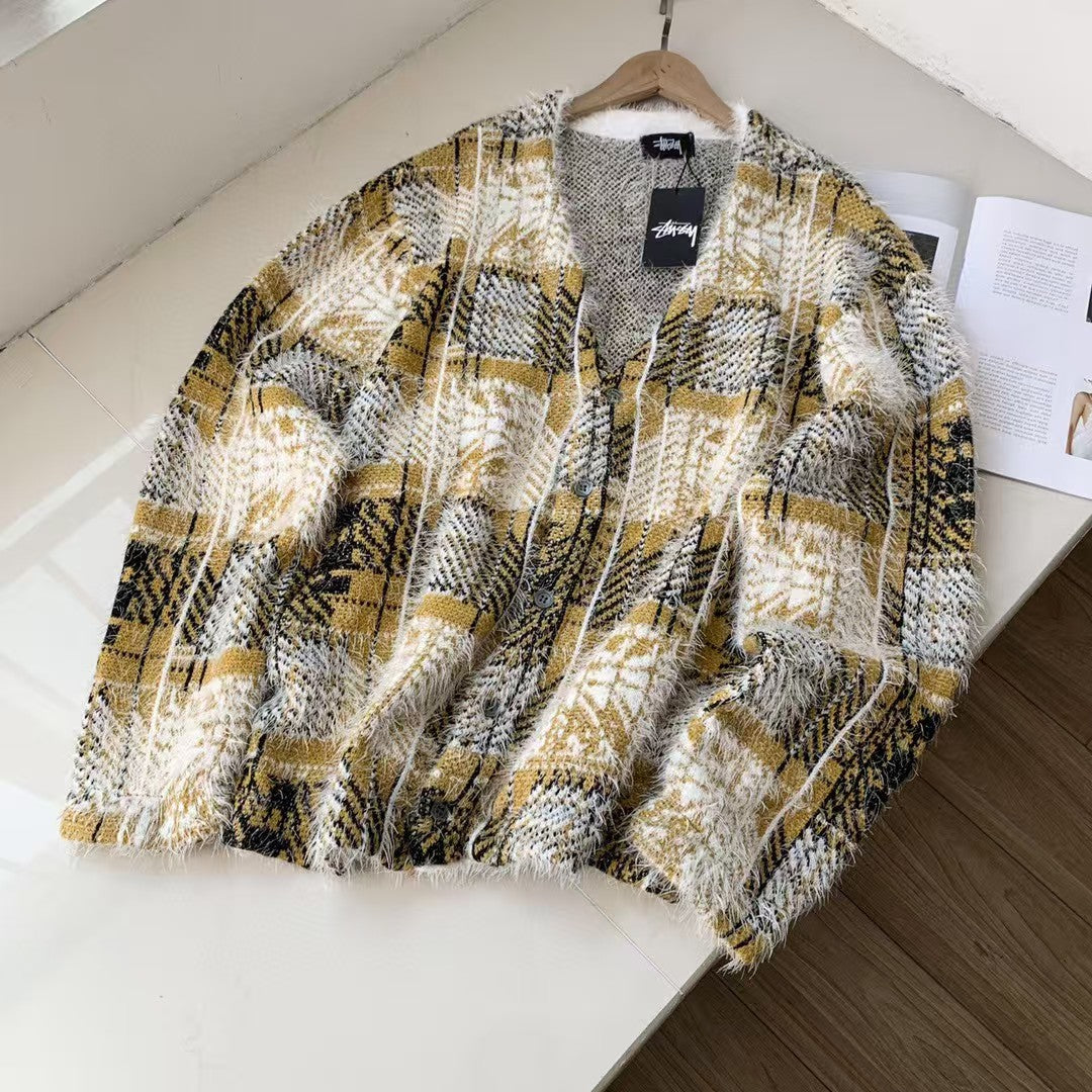 Grid V-neck buckle classic autumn/winter cardigan sweater