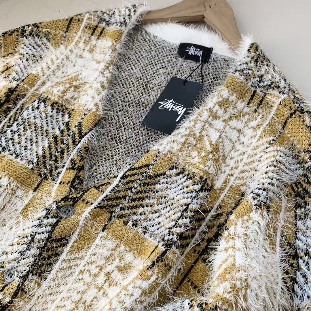Grid V-neck buckle classic autumn/winter cardigan sweater