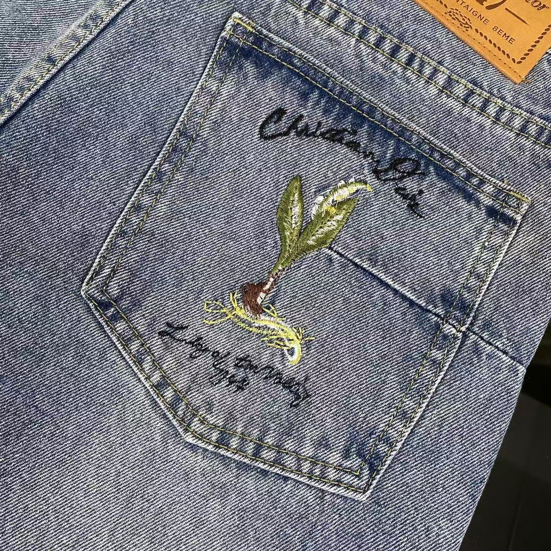 Embroidered front and back washed denim jeans