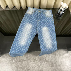Classic washed blue distressed jacquard jeans