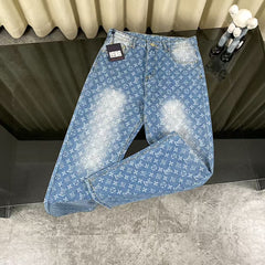 Classic washed blue distressed jacquard jeans