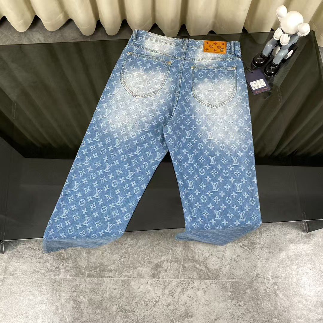 Classic washed blue distressed jacquard jeans