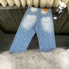 Classic washed blue distressed jacquard jeans