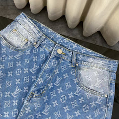 Classic washed blue distressed jacquard jeans