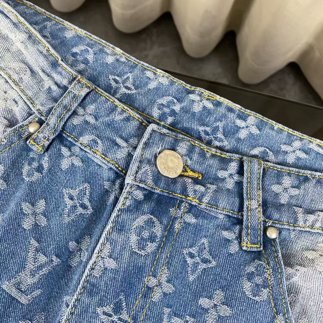 Classic washed blue distressed jacquard jeans