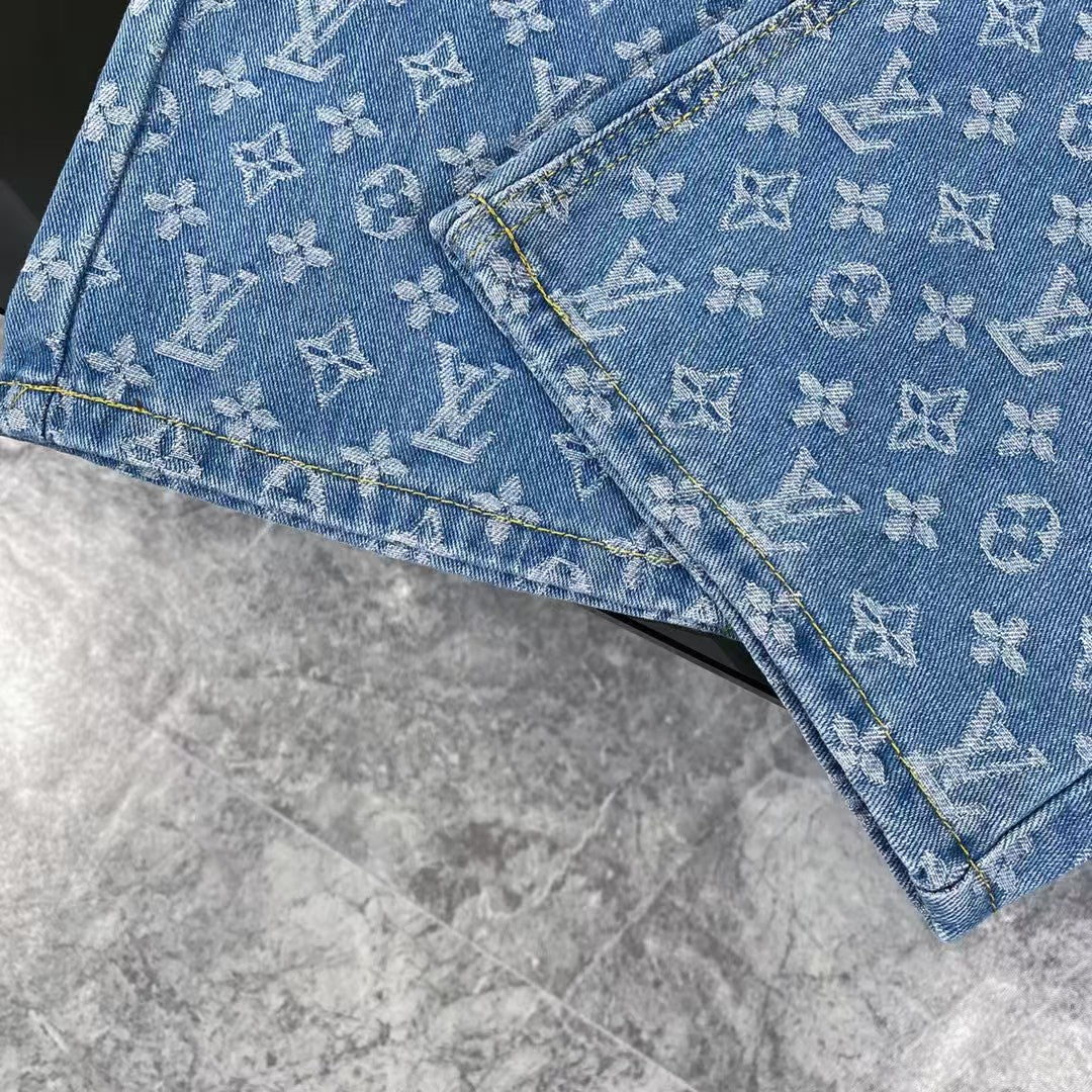 Classic washed blue distressed jacquard jeans