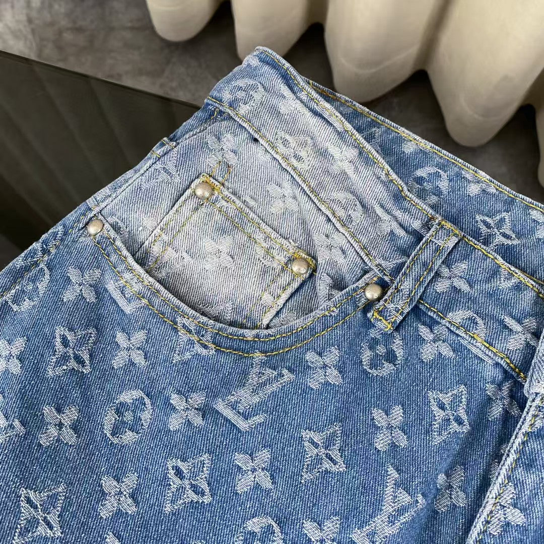 Classic washed blue distressed jacquard jeans