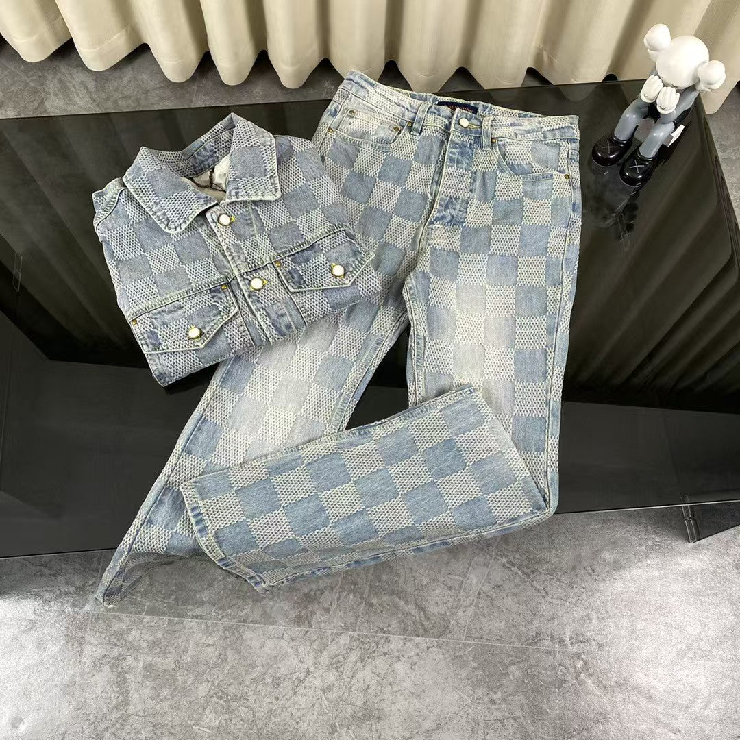 Checkered couple denim jacket and jeans set