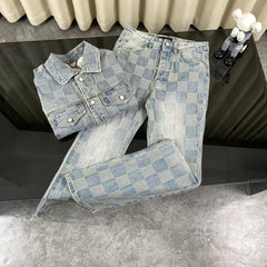 Checkered couple denim jacket and jeans set