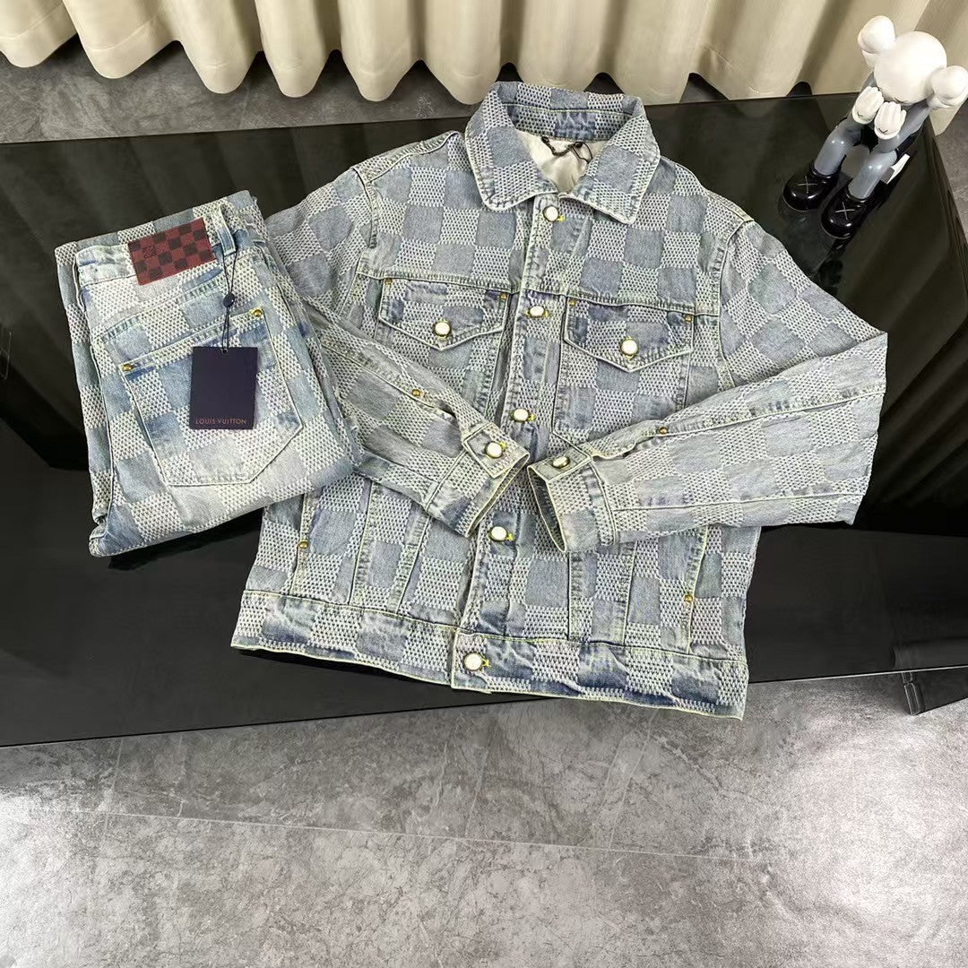 Checkered couple denim jacket and jeans set