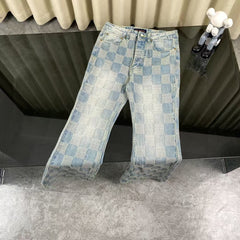 Checkered couple denim jacket and jeans set