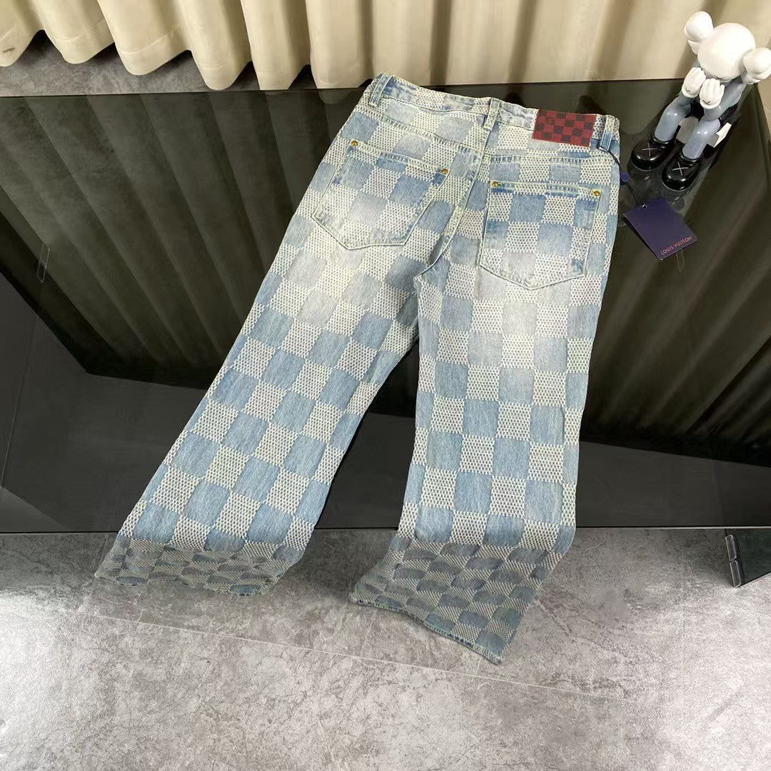 Checkered couple denim jacket and jeans set