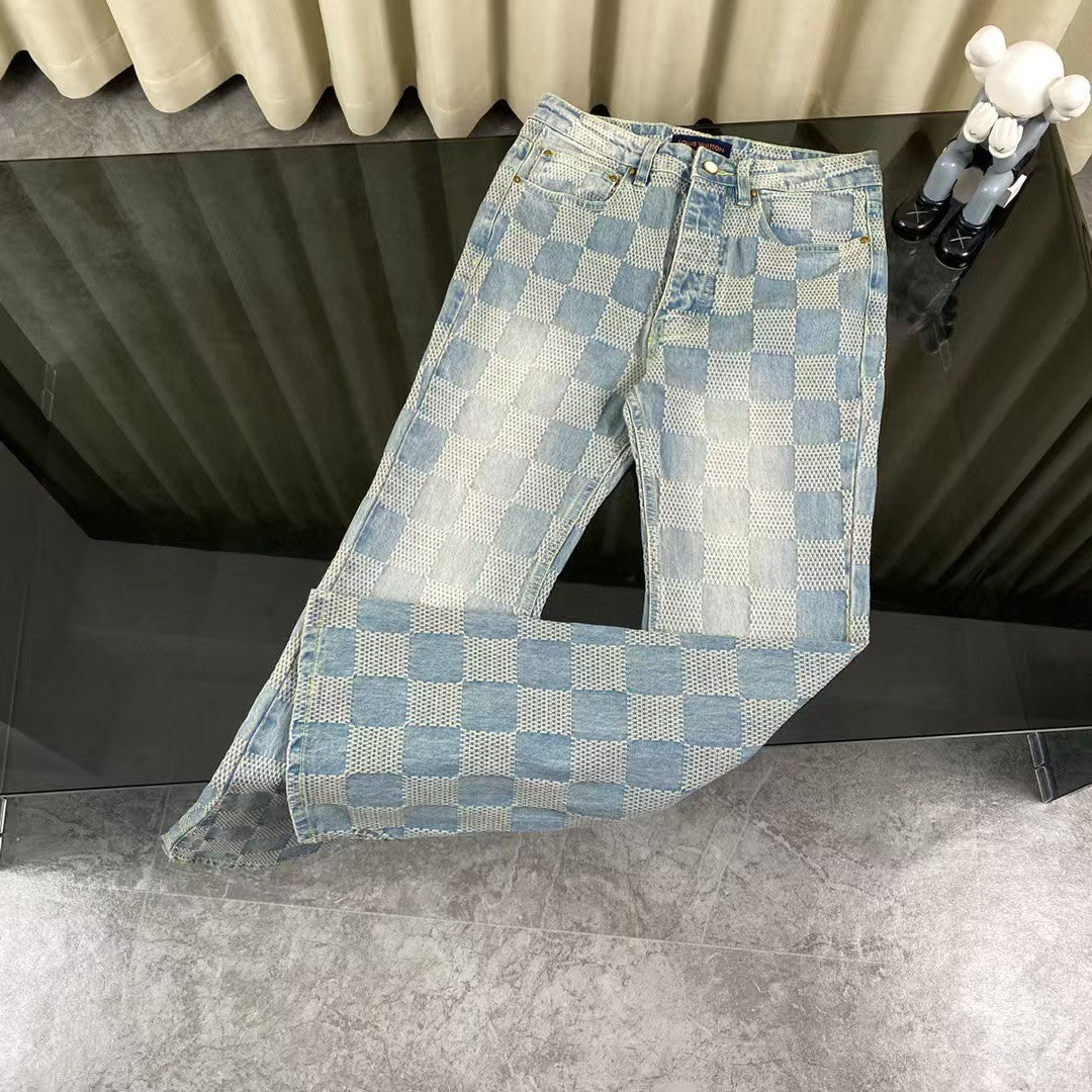 Checkered couple denim jacket and jeans set