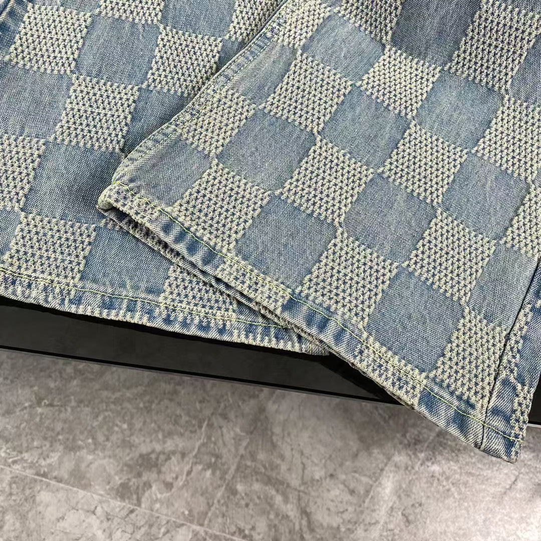 Checkered couple denim jacket and jeans set