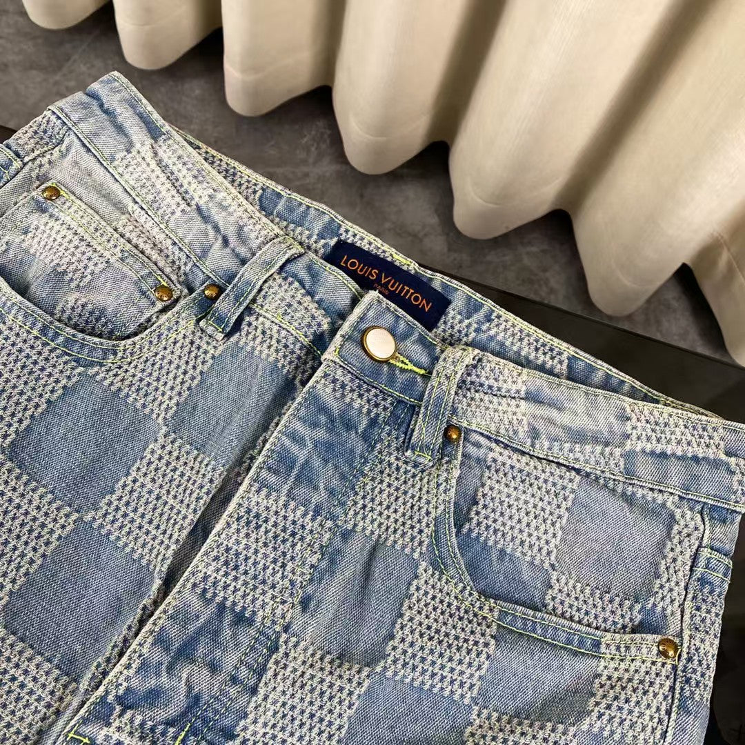 Checkered couple denim jacket and jeans set