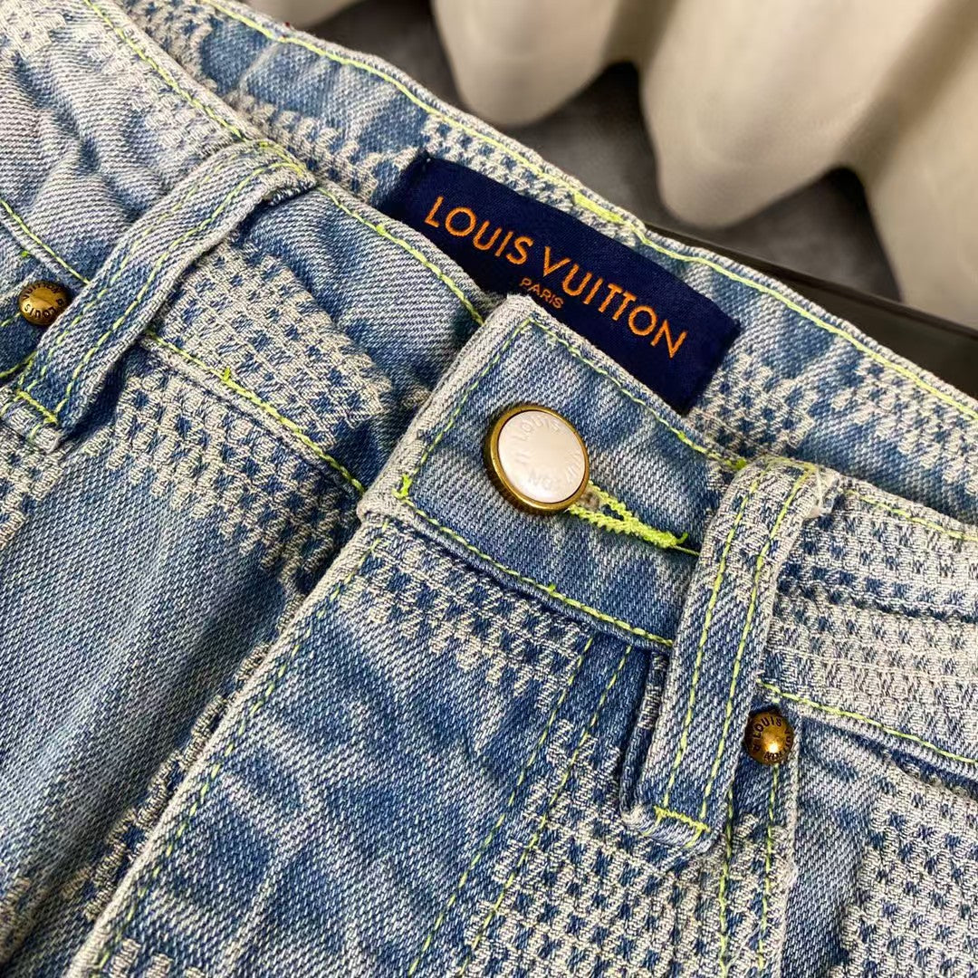 Checkered couple denim jacket and jeans set
