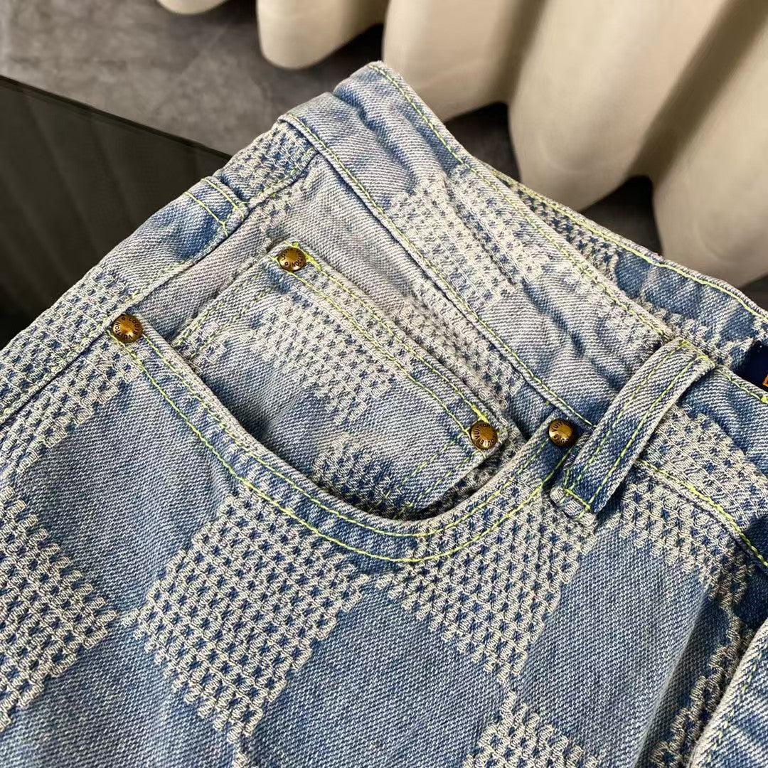 Checkered couple denim jacket and jeans set