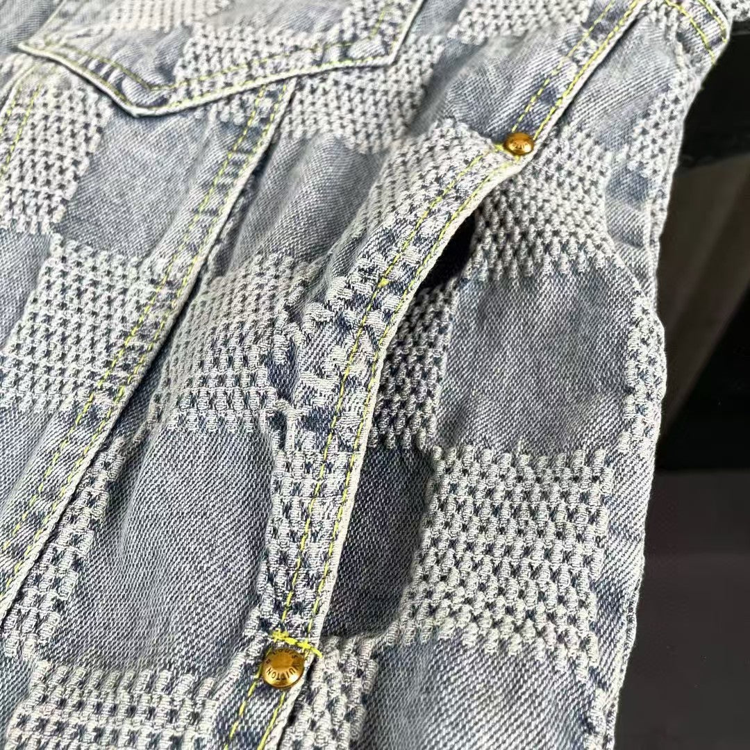 Checkered couple denim jacket and jeans set
