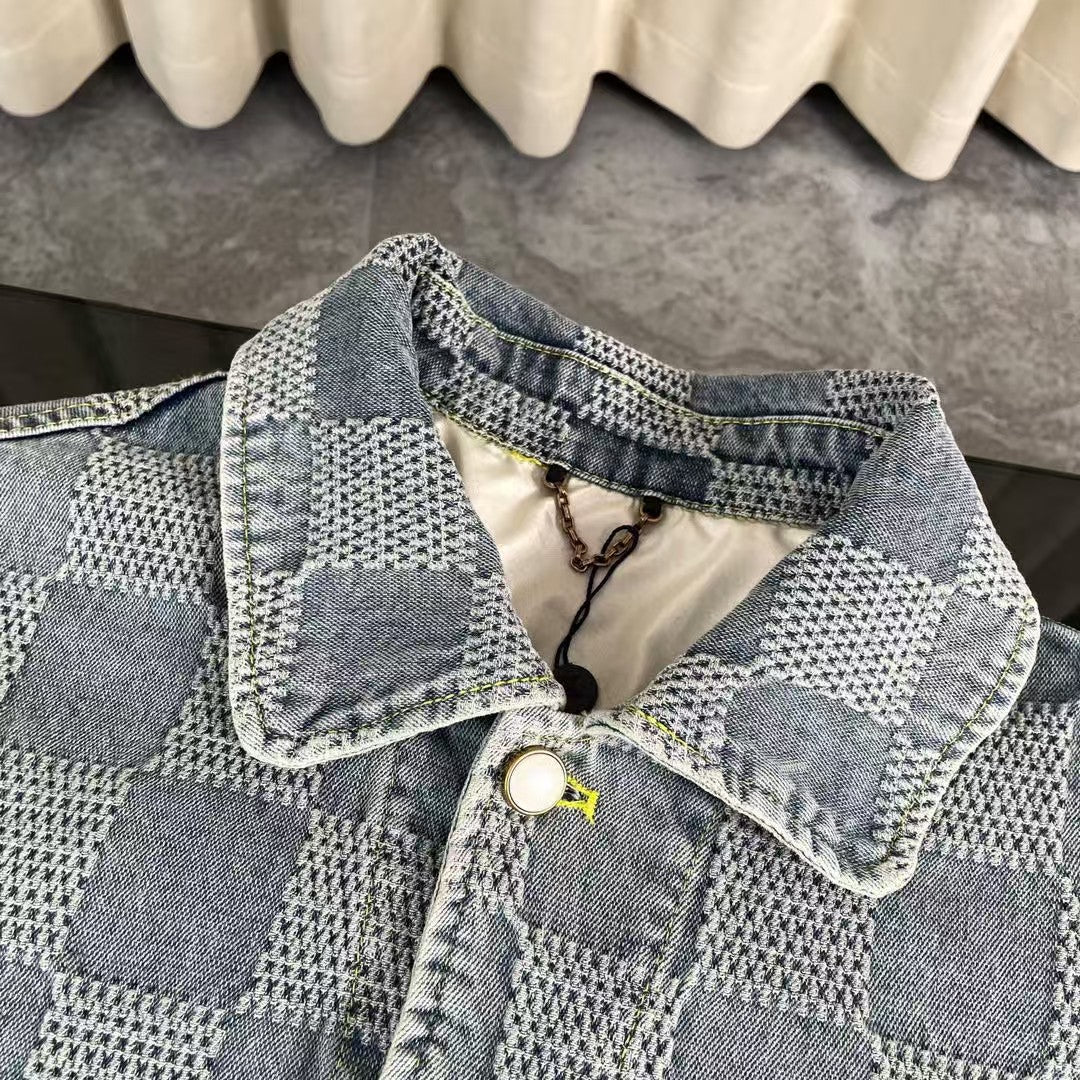 Checkered couple denim jacket and jeans set