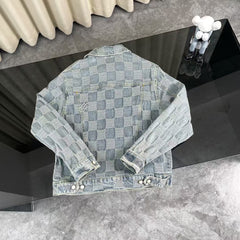 Checkered couple denim jacket and jeans set