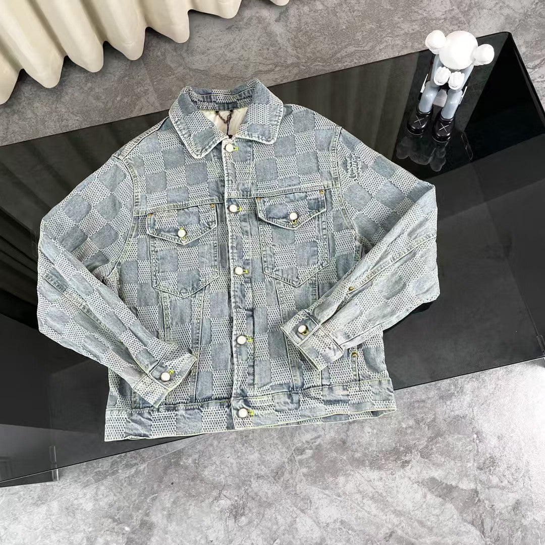 Checkered couple denim jacket and jeans set