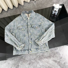 Checkered couple denim jacket and jeans set