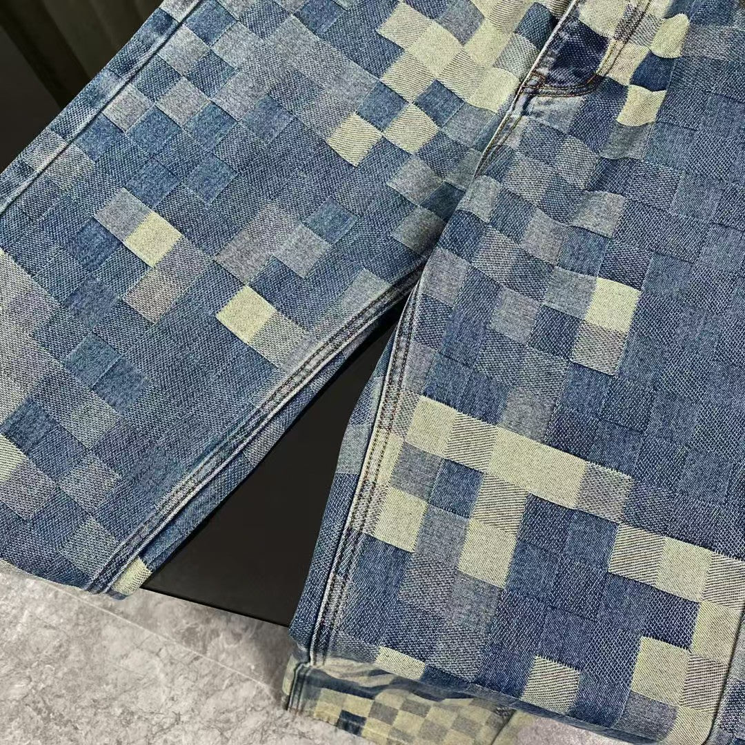New blue mosaic checkered denim jacket and jeans set