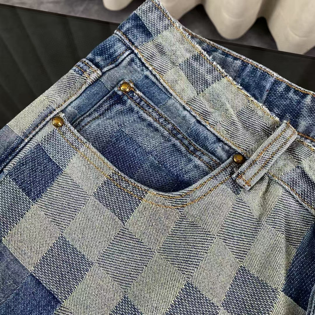 New blue mosaic checkered denim jacket and jeans set