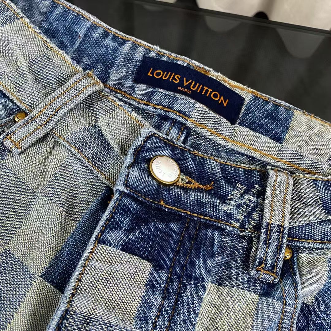 New blue mosaic checkered denim jacket and jeans set