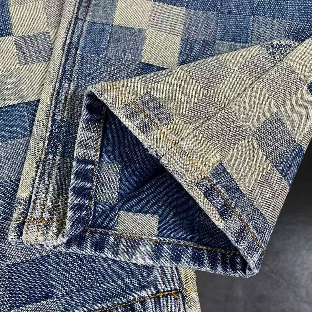 New blue mosaic checkered denim jacket and jeans set