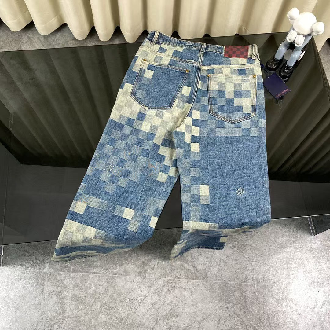 New blue mosaic checkered denim jacket and jeans set
