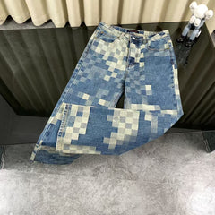 New blue mosaic checkered denim jacket and jeans set