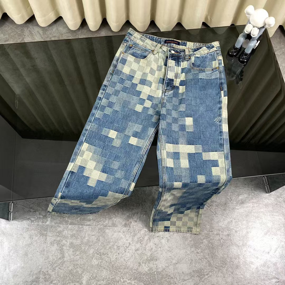 New blue mosaic checkered denim jacket and jeans set