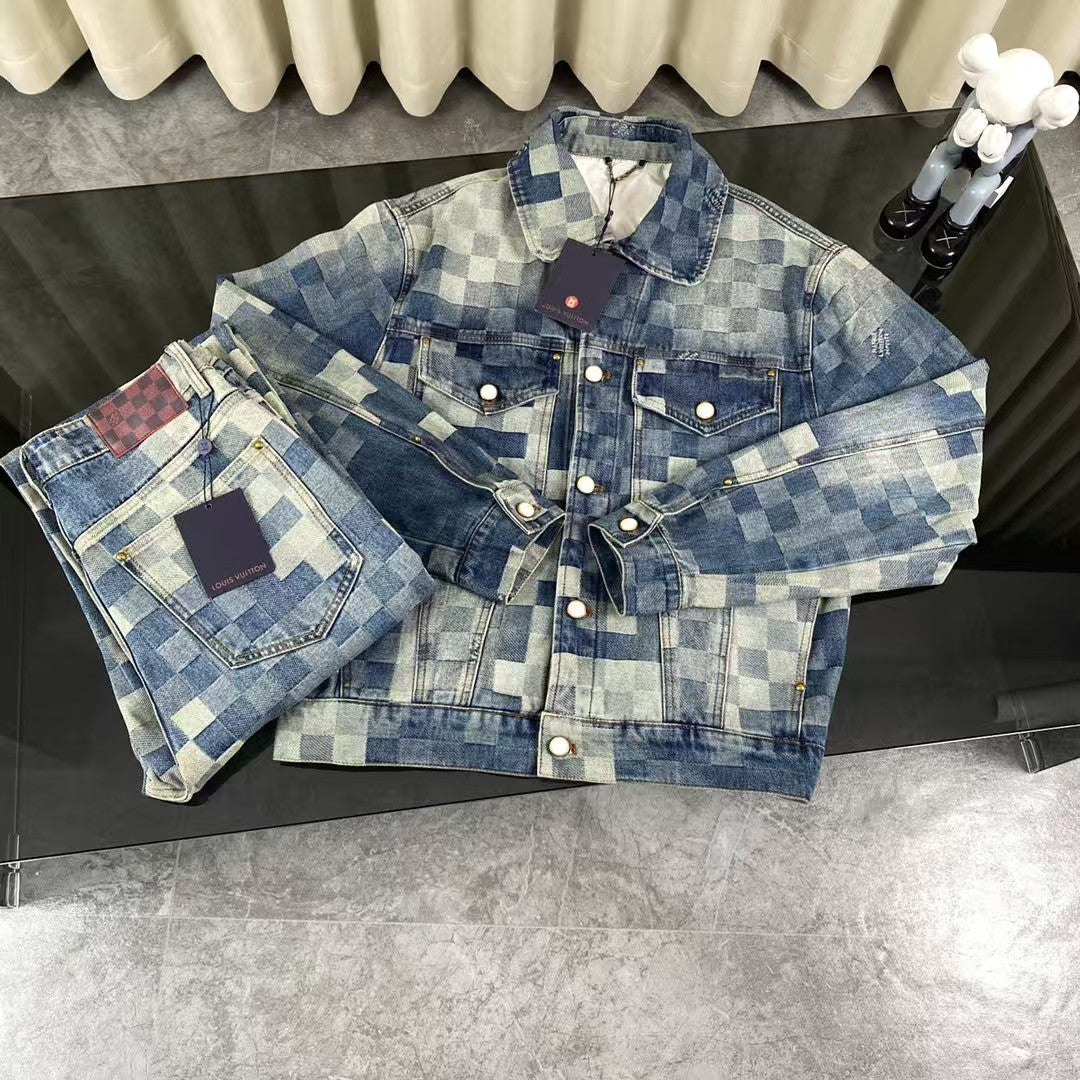 New blue mosaic checkered denim jacket and jeans set