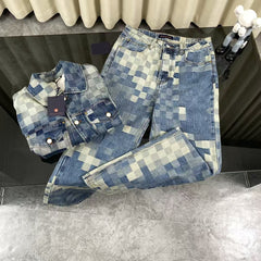 New blue mosaic checkered denim jacket and jeans set