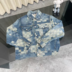 New blue mosaic checkered denim jacket and jeans set