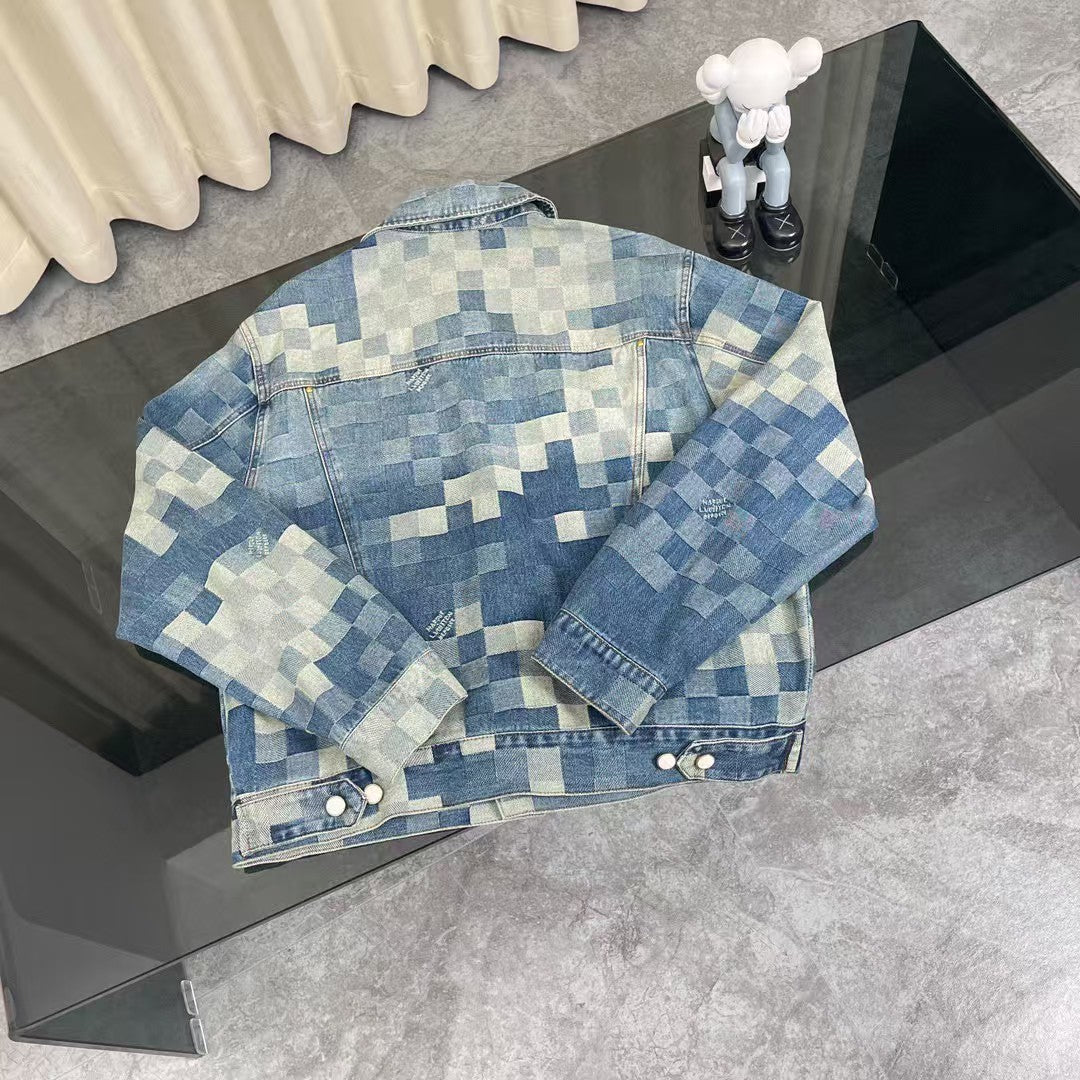 New blue mosaic checkered denim jacket and jeans set