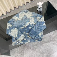 New blue mosaic checkered denim jacket and jeans set