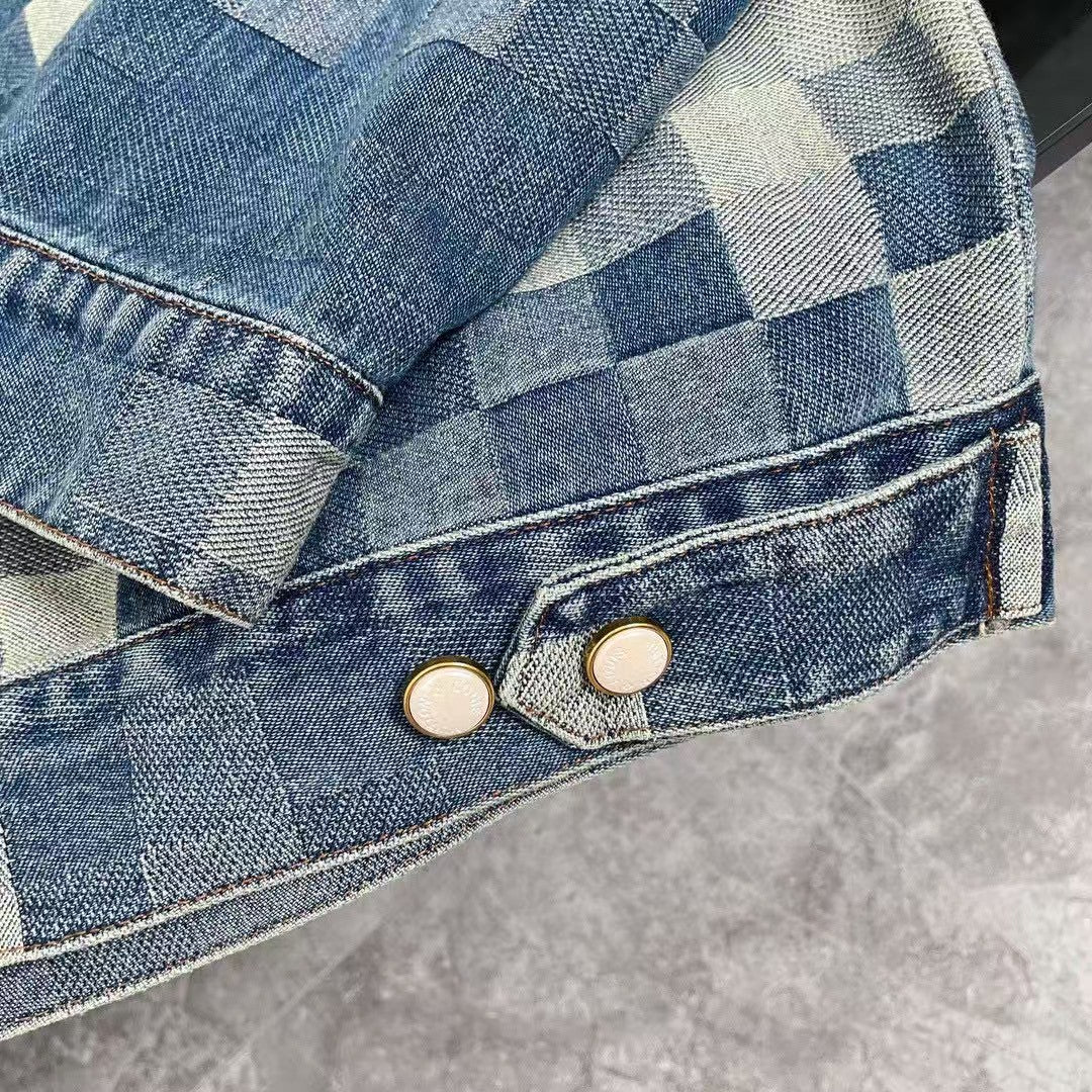 New blue mosaic checkered denim jacket and jeans set