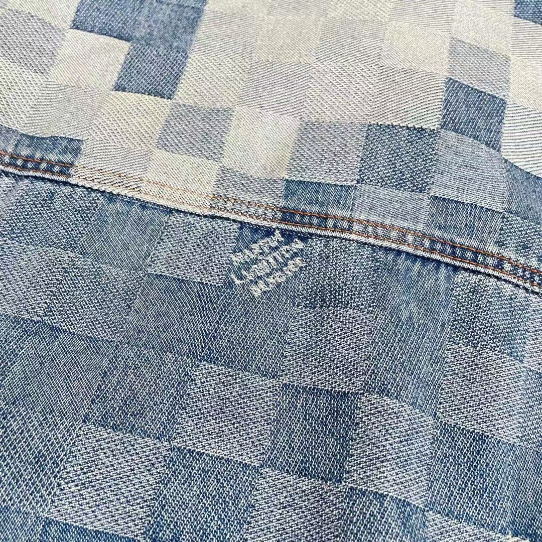 New blue mosaic checkered denim jacket and jeans set
